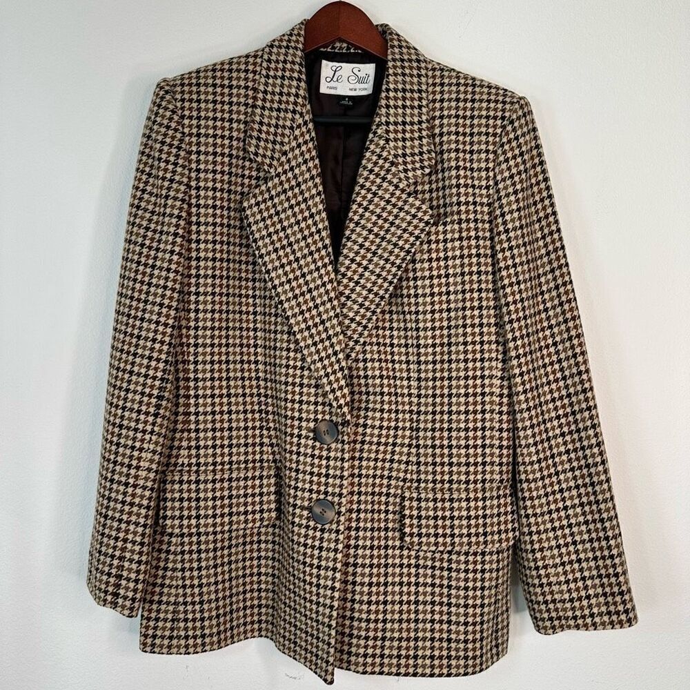 Vintage Le Suit Wool Blend Houndstooth Blazer Women’s 8 Neutral Brown Career